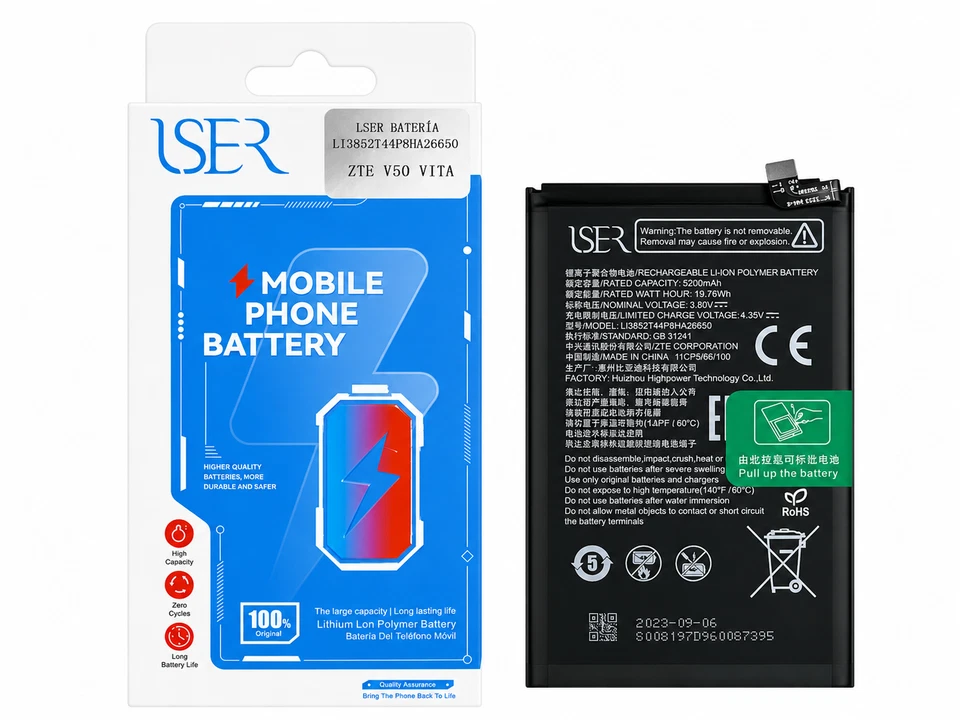 Mobile Batterie Marke USER Für ZTE V50 VITA LI3852T44P8HA26650 5200 mAh 24 h - Bild 1 von 1