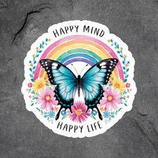 Butterfly Sticker Vinyl Decal Happy Mind Happy Life Rainbow Floral