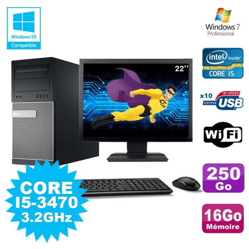 Lot PC Tour Dell 790 Intel I5-3470 3.2Ghz 16Go 250Go DVD WIFI Win 7 + Ecran 22" - Photo 1/1