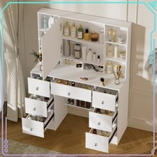 Vanity Table LED Lighted Mirror Makeup Dressing Desk w/ 7 Drawers and Shelves