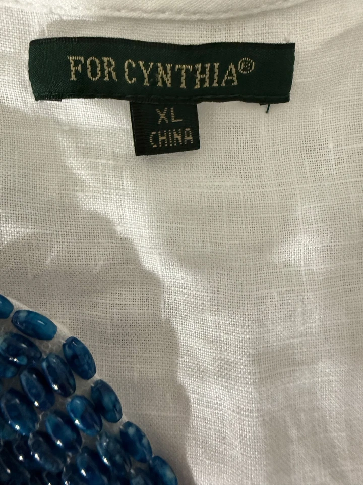 Camisa Blusa Top Mujer FORCYNTHIA Blanco Lino Azul Cuentas Cuello en V XL Foto 3 de 4