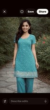 Hand Embroidered Indian Kurti Teal Beaded Tunic Dress Slit Sides Sz S