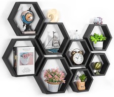 Hexagon Floating Shelves Set of 8 Black Honeycomb Wood Shelves Hanging Shelf