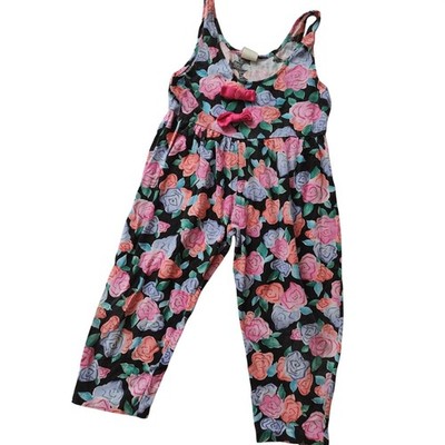 Lightning Bug Floral Girls Jumpsuit 5-6 Yrs Vtg 80s 90s Pink Bows Overalls