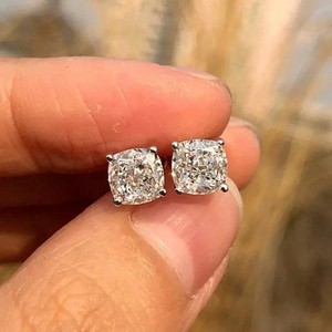Authentic 4Ct Cushion Cut White Moissanite Women's Stud Earrings 14k White Gold Plated