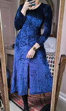 Vintage Blue Sapphire Velvet Velour Dress Maxi Long Evening Formal Ruched 10 12