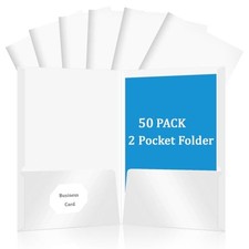 50 Pcs 2 Pocket Paper Folders Bulk for File with Business Card Slots White