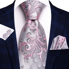 Pink Grey Floral Necktie Mens Tie Hankie Cufflinks Set Gift Event Wedding