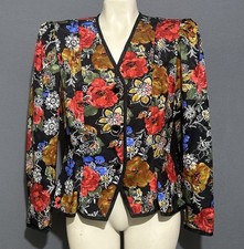 Vtg Silk Blazer Sz 8 Floral Print Structured W/ Shoulder Pads 80  s Retro