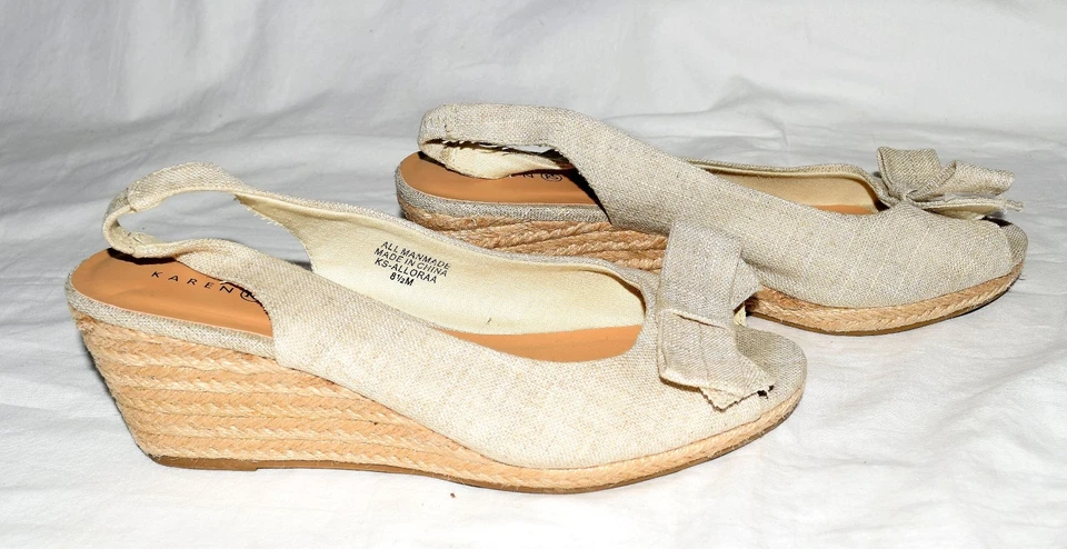 Karen Scott Tecido Bege Peep Toes com Arcos Borda de Corda Saltos Slingback Tamanho 8.5M - Imagem 3 de 4