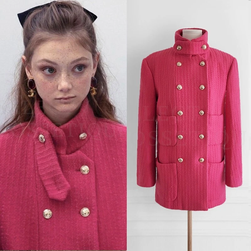 NWOT CHANEL 20A GOLD BUTTON DARK PINK WOOL COAT FR34