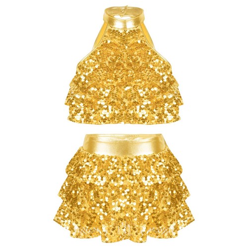 Girls Latin Salsa Samba Rumba Dancewear Sequins Tiered Crop Top with Skirts - Picture 3 of 71