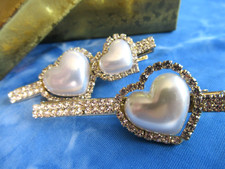 Lovely Hair Pins Pearl Hearts Crystal Rhinestone 2 pc Wedding Formal Casual NEW