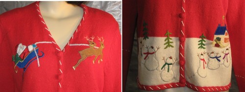 STUDIO JOY Red winter cardigan sweater Designer Original Santa Snowmen, women PL - Picture 3 of 4