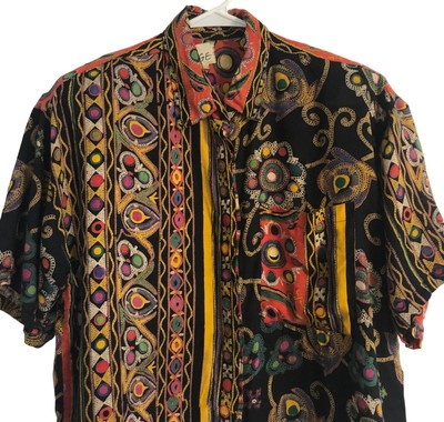 RARE vtg 80s Mens Funky Button Up Rayon Shirt Sz M Hippie Tribal Festival  Ethnic
