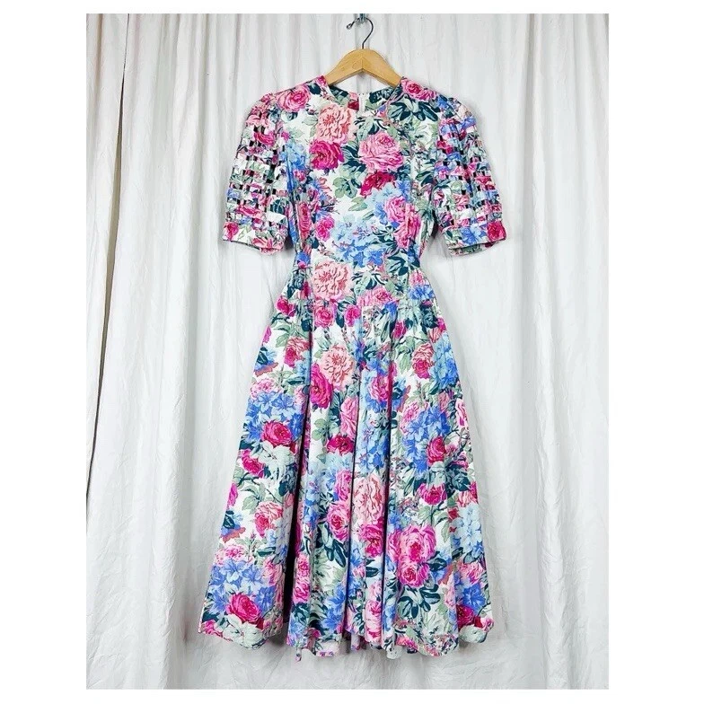 90s Rose Print Giant Open Weave Puff Sleeve Midi Princess Dress - Image 2 of 4