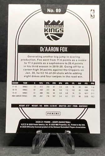 2020-21 Panini Hoops DE'AARON FOX #89 hiperrojo paralelo /99 Kings - Imagen 3 de 4