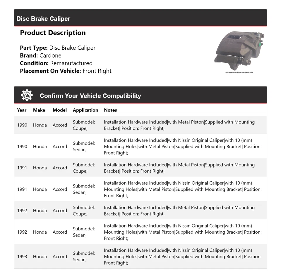 For 1990-1993 Honda Accord Disc Brake Caliper Front Right Cardone 1991 1992 - Image 2 of 4