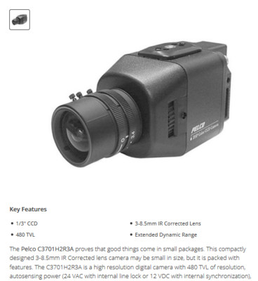 Pelco C3701H2R3A High Resolution Extended Dynamic Range Cam (1/3'', 3-8.5mm)