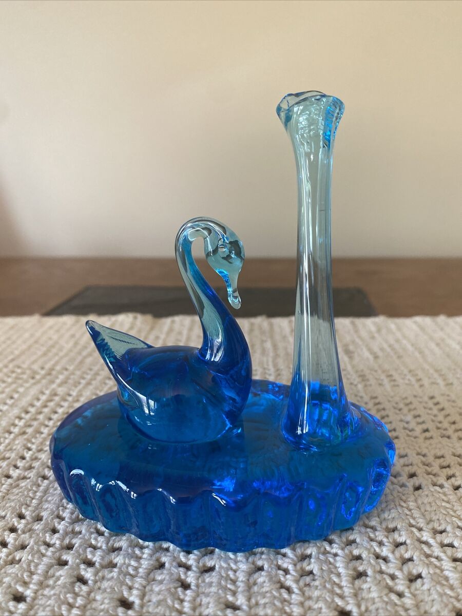 Vintage Ozark Studio Blue Art Glass Swan with Bud Vase Vintage Ozark Studio Blue Art Glass Swan with Bud Vase
