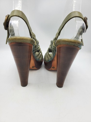 Frye Joy Sz 7 B Green Leather Huarache Platform Heels Open Toe Strappy Shoes - Picture 9 of 14