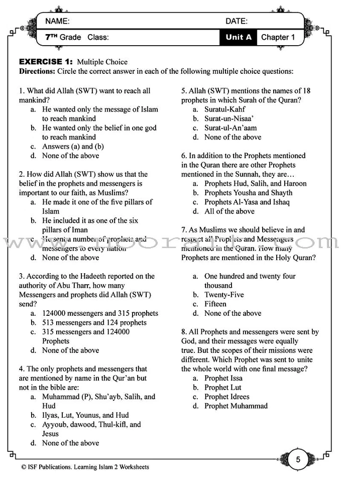 Learning Islam Worksheets: Level 2 (7th Grade) - Image 2 of 4