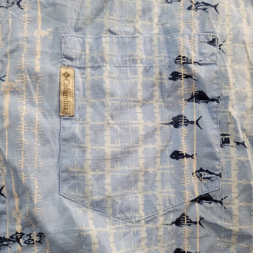 Columbia Men PFG Shirt XL Blue Button Up Fishing Short Sleeve Marlin Tuna Fish  - Bild 8 von 12