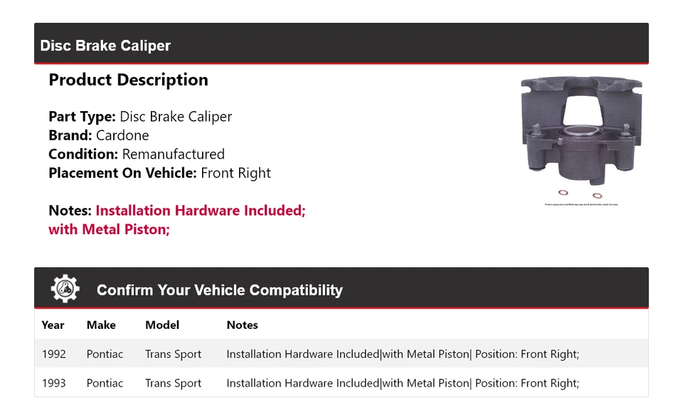 Pinza de freno de disco delantera derecha Cardone para Pontiac Trans Sport 1992-1993 Foto 2 de 4