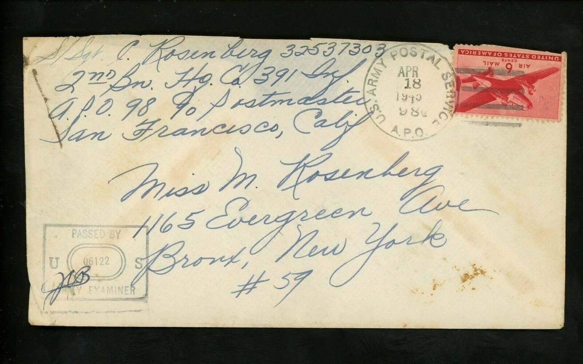 US Postal History WWII Military #C25 APO #98 Censored 1945