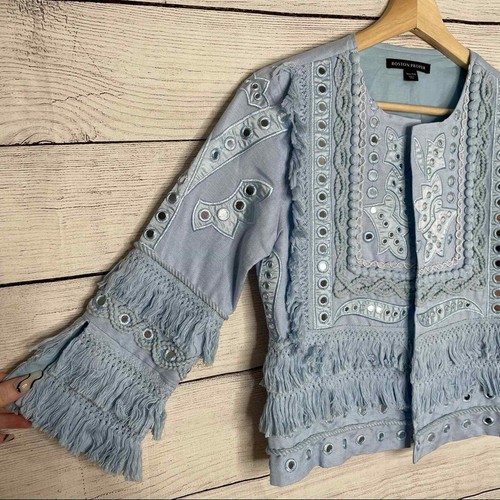 Boston Proper Blue Mirror Embellished Fringe Linen Blend Jacket XXS - Picture 4 of 11