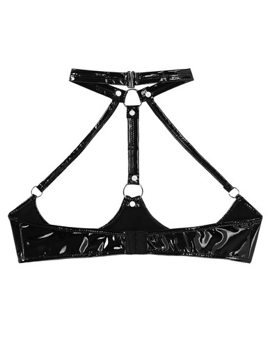 Womens Wet Look Lingerie Bra PVC Leather Halter Neck Push Up Shelf Bralette - Picture 6 of 44