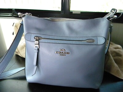 Coach F34823 Mae Cloud Blue Pebbled Leather File Crossbody Bag in EUC