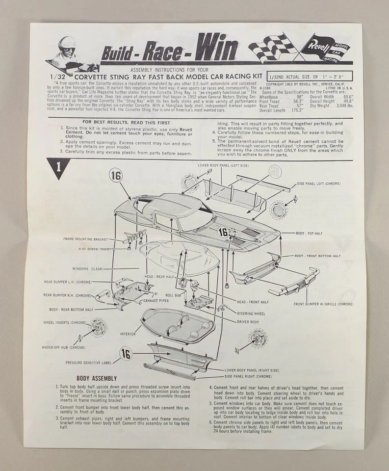1963 Vintage Revell Corvette Stingray GT Modelo Racer Slot Car Kit - Imagem 3 de 4