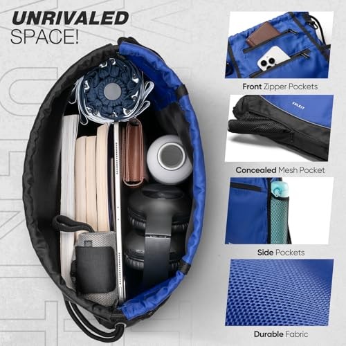 Rucksack mit Kordelzug, Sporttaschen für Herren & Damen mit großem Netz vorne blau - Bild 4 von 7