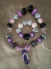 Converse Girls Chunky Bubblegum Bead Necklace and Bracelet Jewelry Set with Purp