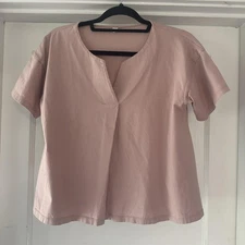 Uniqlo Shirt Womens Small Pink 100% Cotton Split Neck Short Sleeve Boxy Swing