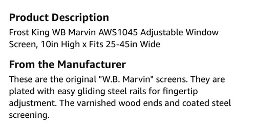 Frost King Adjustable Window Screen 10” 20”-45” - Picture 6 of 8