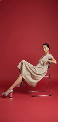 New Rochas Women Light Beige Nude Color Satin Dress SZ 40