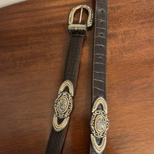 Brighton Western Leather Belt Dark Brown Silver Gold Buckle Size M USA Made