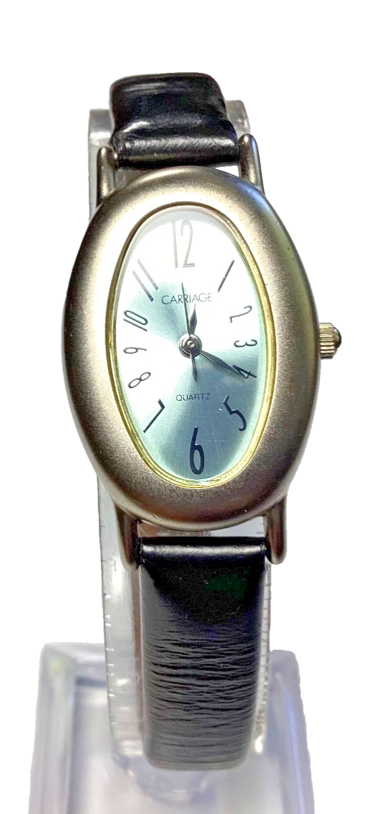 Timex Womens Carriage Watch Silver Tone Oval Aqua Dial Black Band New Battery