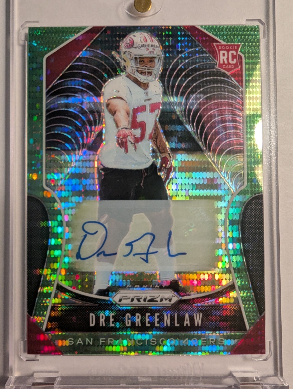 2019 Panini Prizm Neon Green Pulsar Dre Greenlaw Rookie Auto #384