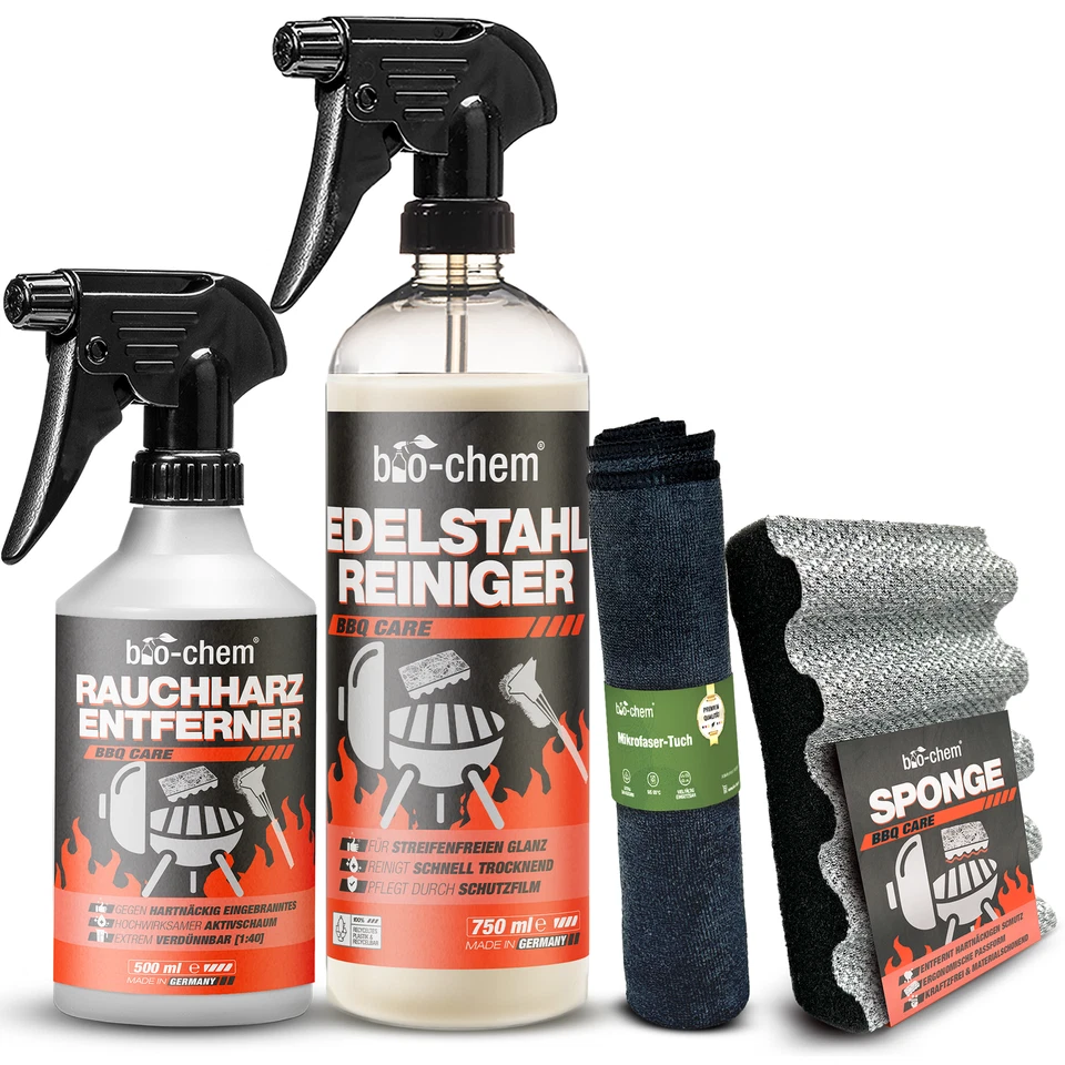 bio-chem Grillreiniger Set 4-tlg – Grill- & Edelstahlreiniger, Schwamm & Tuch