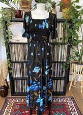 Vintage 1980s Black Floral C&A Ruched Maxi Dress