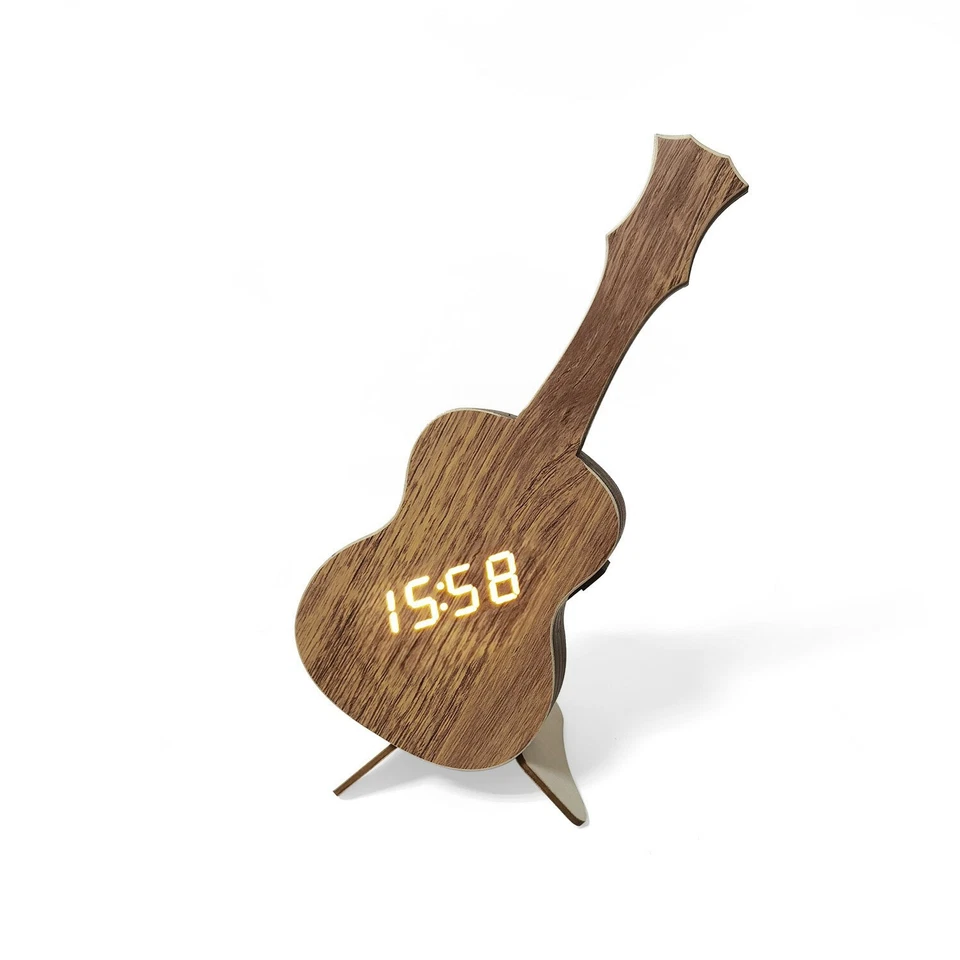 Novelty Wood Alarm Clock Guitar Time Calendar Temperature for Bedroom Office - Image 2 of 4