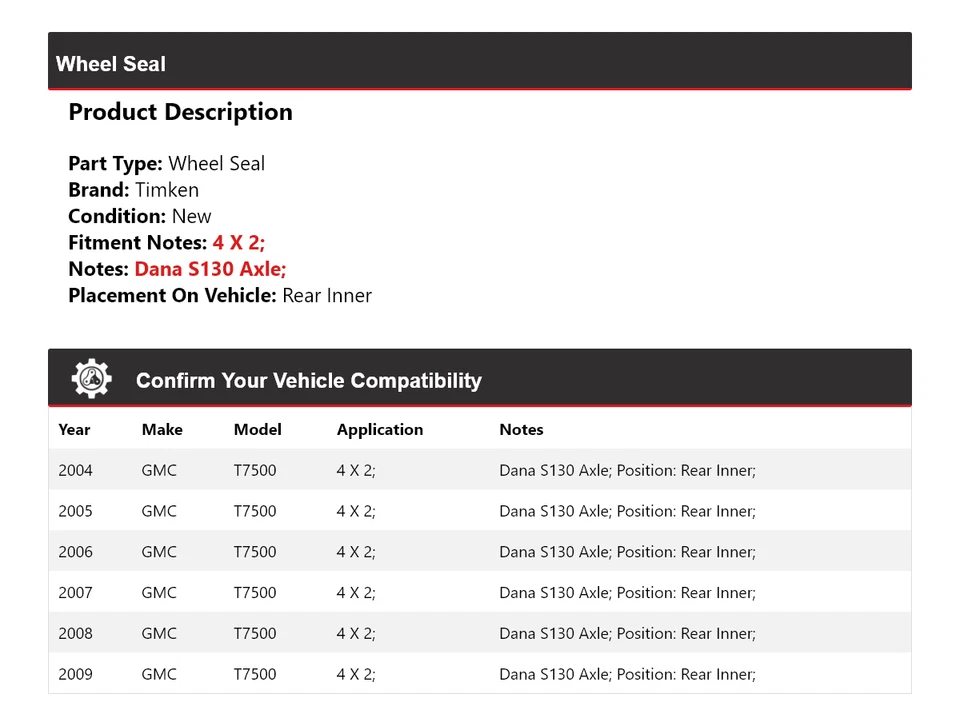 Para GMC T7500 2004-2009 4 X 2 ruedas sello interior trasero Timken 2005 2006 2007 2008 Foto 2 de 4