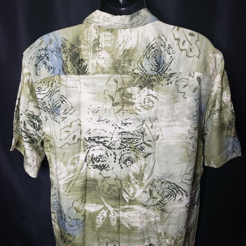 Mens Large Button Up Shirt Caribbean Joe Green Beige Hawaiian Camp Short Sleeve - Picture 5 of 8