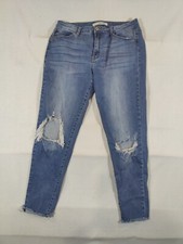 Kancan Jeans Women's 13/30 Skinny Mid Rise Raw Hem Distressed Stretch Denim Blue