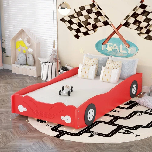 Car-Shaped Platform Bed Kids Bunk Bed Wooden Floor Bed Frames for Girls Boys Red - Image 3 of 4