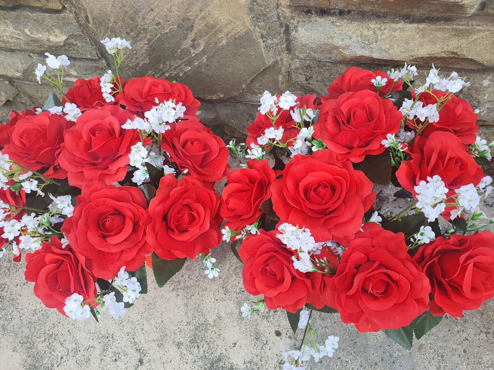 Pair of artificial red roses & gypsophila large (10mm )flower&vases Decorations