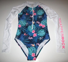 Snapper Rock 14 Girls 1 Pc Rash Guard Bodysuit Swimsuit Long Sleeve Blue White